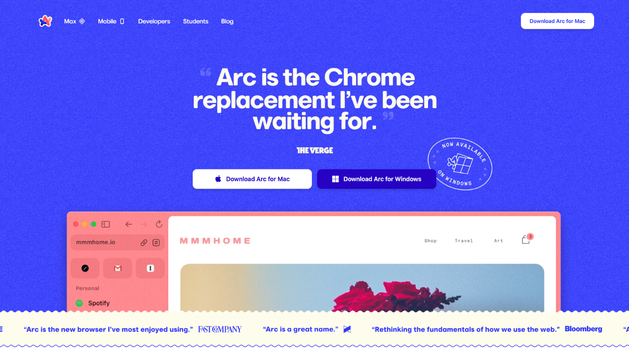 Screenshot of Arc website