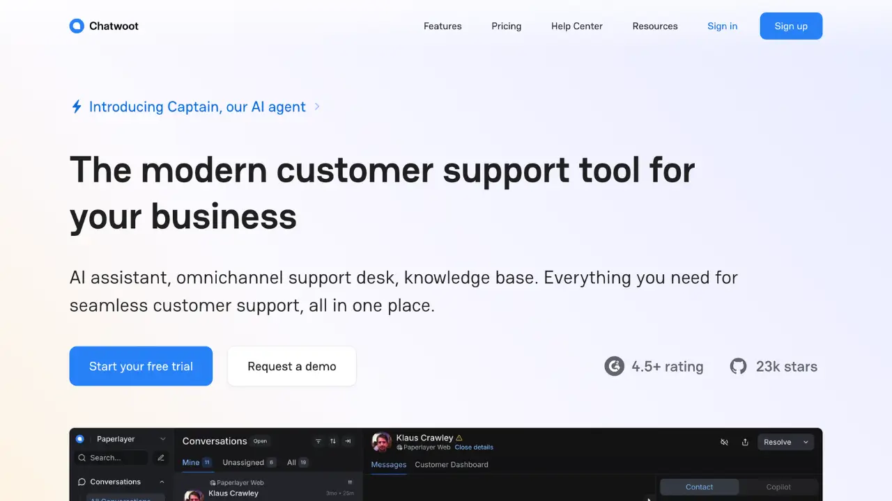 Screenshot of Chatwoot website