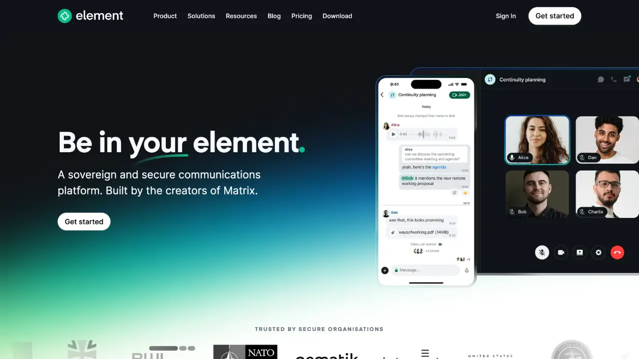 Screenshot of Element website