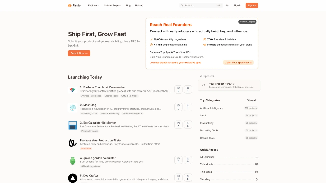 Screenshot of Firsto website