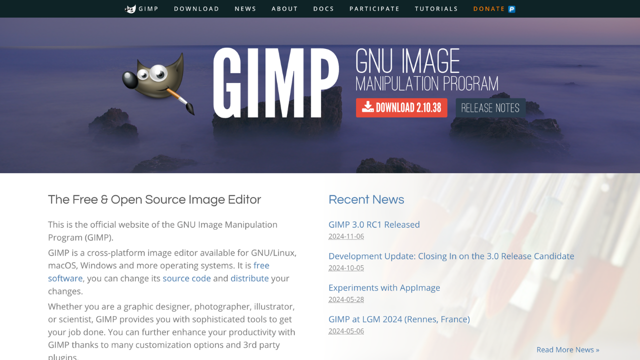 Screenshot of Gimp website