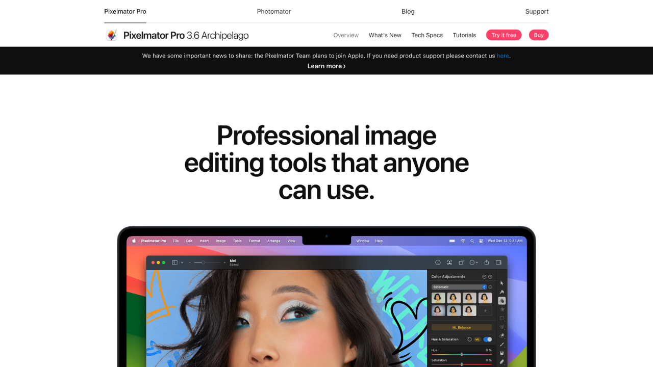 Screenshot of Pixelmator Pro website